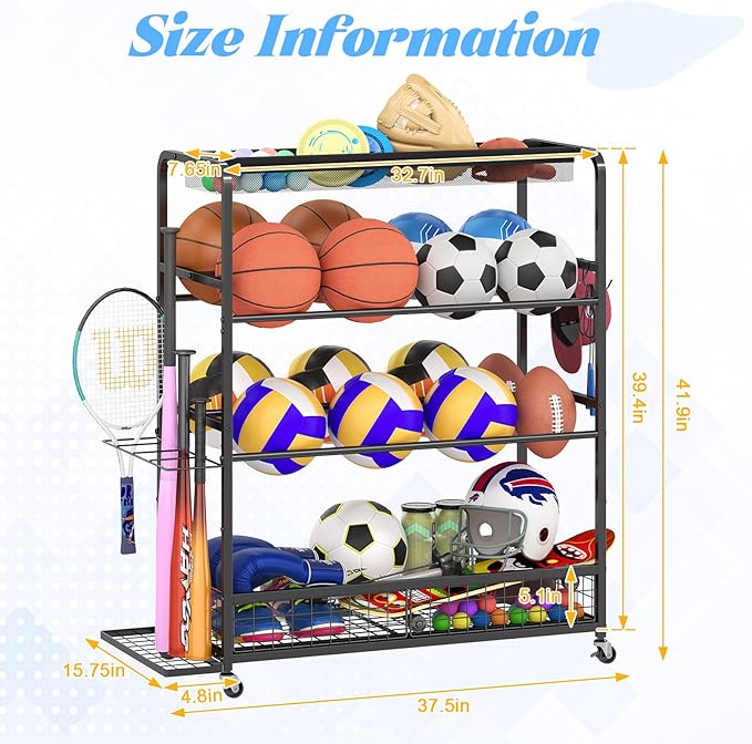 Garage Sports Equipment Storage Rack,Wheeled Sports Ball Storage Box,Double-Tier Double-Row Basketball Hoop Holds 16+ Balls,Ball Rack with Baseball Bat Holder and Hooks-Black