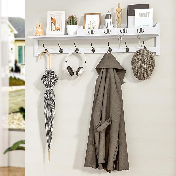 AMBIRD 35 inch Coat Rack Wall Mount, Extra Long Coat Hooks Wall Mount, Entryway Shelf with 7 Dual Coat Hooks 4 Key Hooks Mail Organizer, Wooden Wall Coat Rack with Hooks, Key Holder Rack (White)