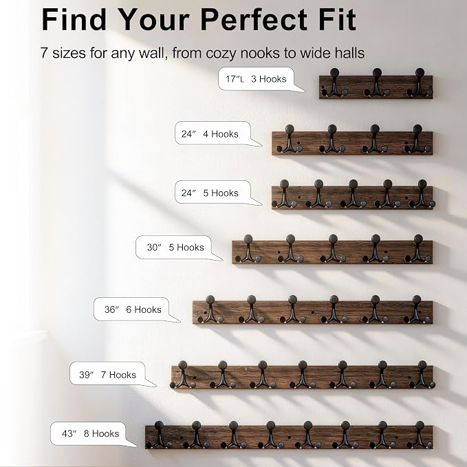 SKOLOO 30-Inch Wood Burnt Coat Rack Wall Mount with 5 Triple Hooks - Ideal for Family Entrances, Classrooms, and Pet Supplies Storage - Perfect Coat Hooks for Wall, Pack of 2