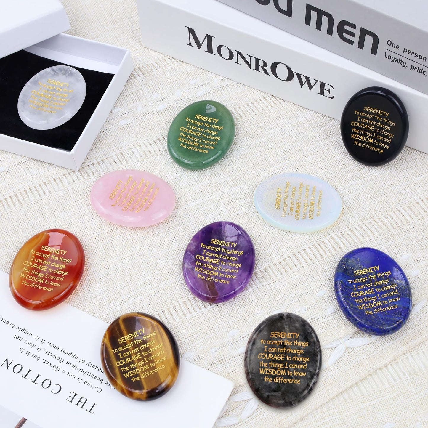 QINJIEJIE Tigers Eye Healing Crystals Serenity Prayer Worry Stones for Anxiety Engraved Inspirational Stones Anxiety Relief Items Sobriety Encouragement Gifts for Women Men