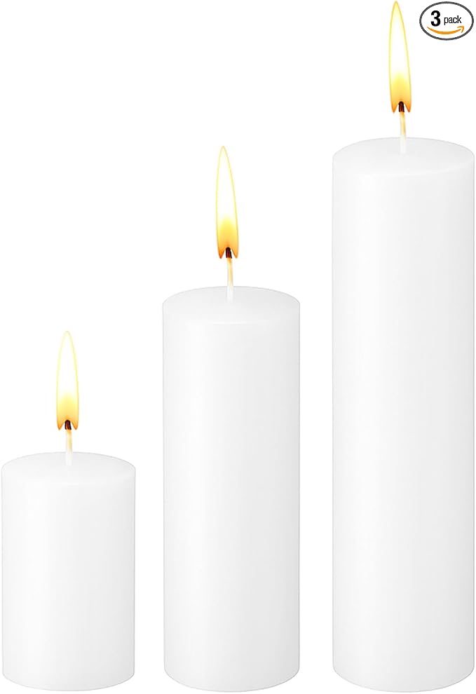 White Pillar Candles Bulk Set of 3，Hurricane Candlesï¼? Different Lengths 2 x 3/6/8 Inch，Dripless Unscented Smokeless，Gives You a Better Atmosphere When Organizing an Event Party.