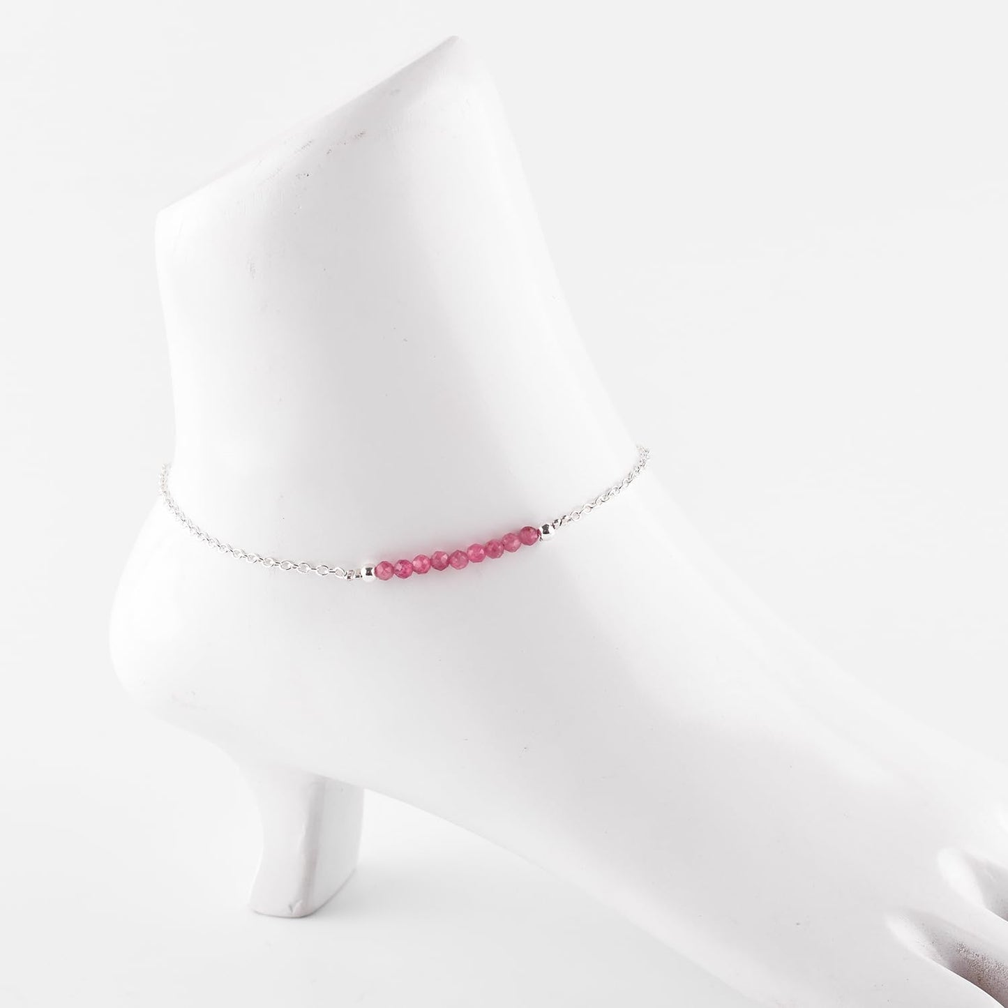 YANARA Pink Tourmaline Ankle Bracelet for Women Jewelry, Natural Birthstone, Gemstone Beads, Handmade Dainty Anklet 9"+1.25" inch, 3mm Rounds, Chakra Energy Crystals, Silver Plated Chain