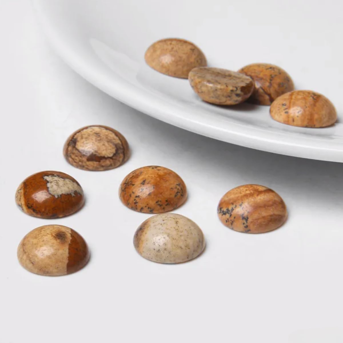 20pcs 6mm Natural Stone No Hole Brown Picture Semicircle Smooth Cabochons Beads Healing Chakra Crystal Stone Bead for Jewelry Making Rings Earrings Necklace Bracelet DIY Crafts