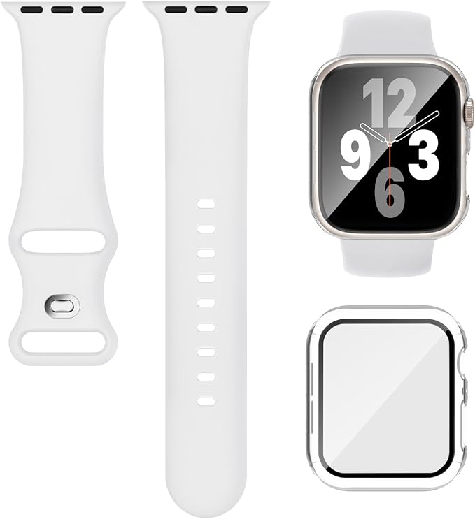 Compatible for Apple Watch Band 40mm 41mm and Case with Screen Protector, Soft Silicone Sport Strap Bands and Protective Cover with Tempered Glass for iWatch Series 9 8 7 SE 6 5 4