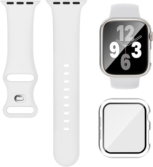 Compatible for Apple Watch Band 44mm 45mm and Case with Screen Protector, Soft Silicone Sport Strap Bands and Protective Cover with Tempered Glass for iWatch Series 9 8 7 SE 6 5 4