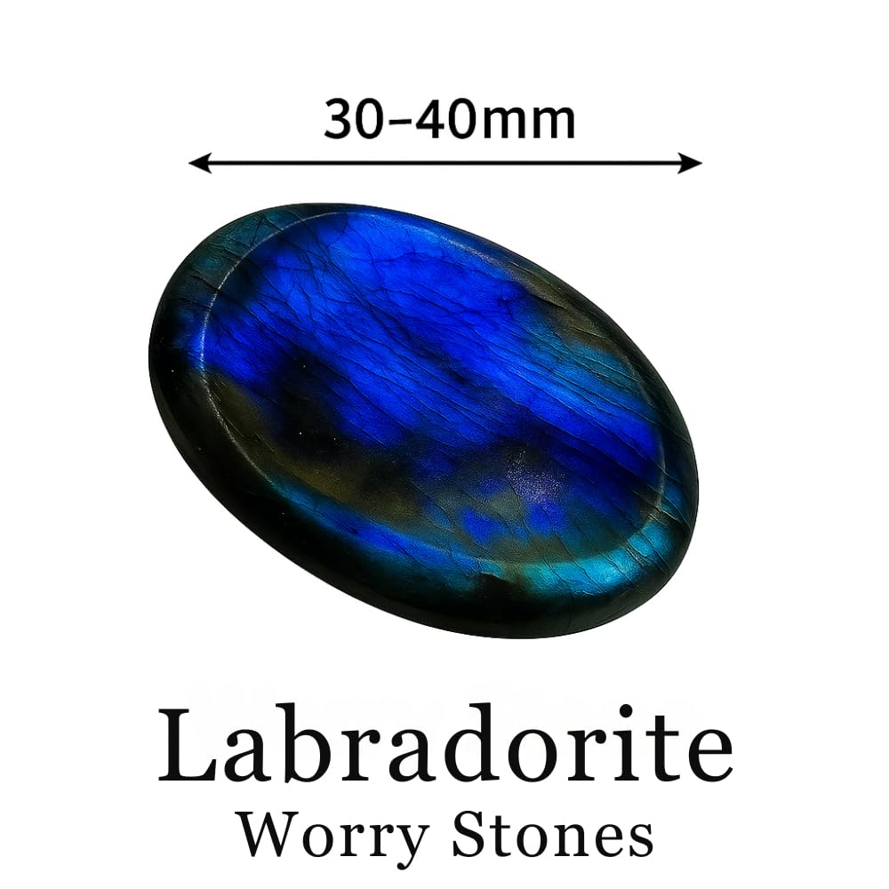 Anaya Agate Labradorite Worry Stone 35-40mm – Healing Thumb Crystal for Anxiety & Stress Relief – Palm Meditation Stone with Velvet Pouch Christmas Gift for Men & Women