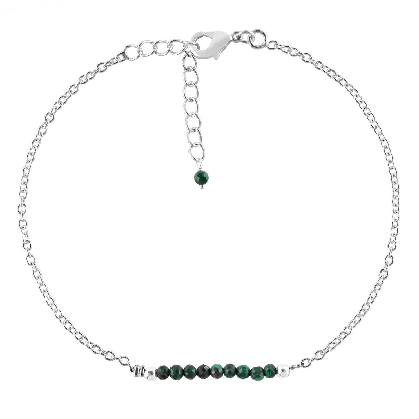 YANARA Malachite Ankle Bracelet for Women Jewelry, Natural Birthstone, Gemstone Beads, Handmade Dainty Anklet 9"+1.25" inch, 3mm Rounds, Chakra Energy Crystals, Silver Plated Chain