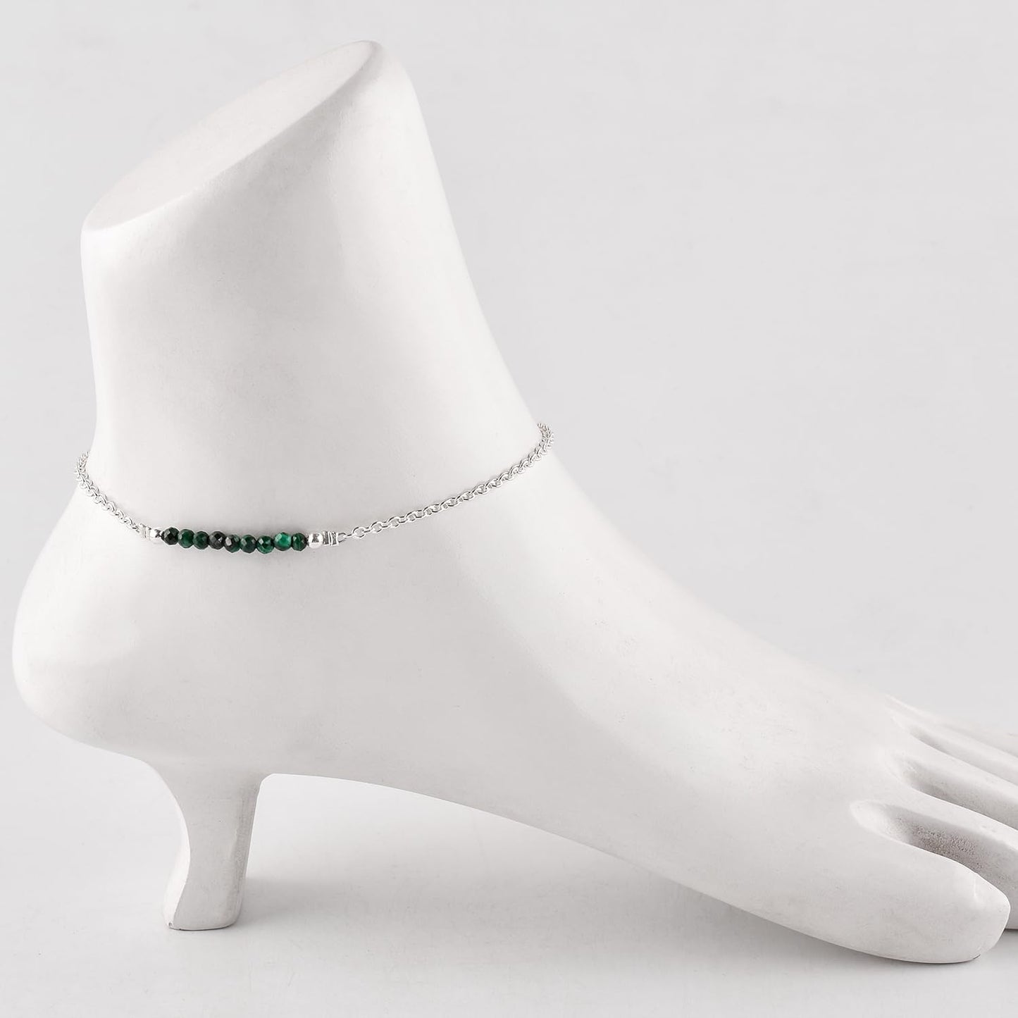 YANARA Malachite Ankle Bracelet for Women Jewelry, Natural Birthstone, Gemstone Beads, Handmade Dainty Anklet 9"+1.25" inch, 3mm Rounds, Chakra Energy Crystals, Silver Plated Chain