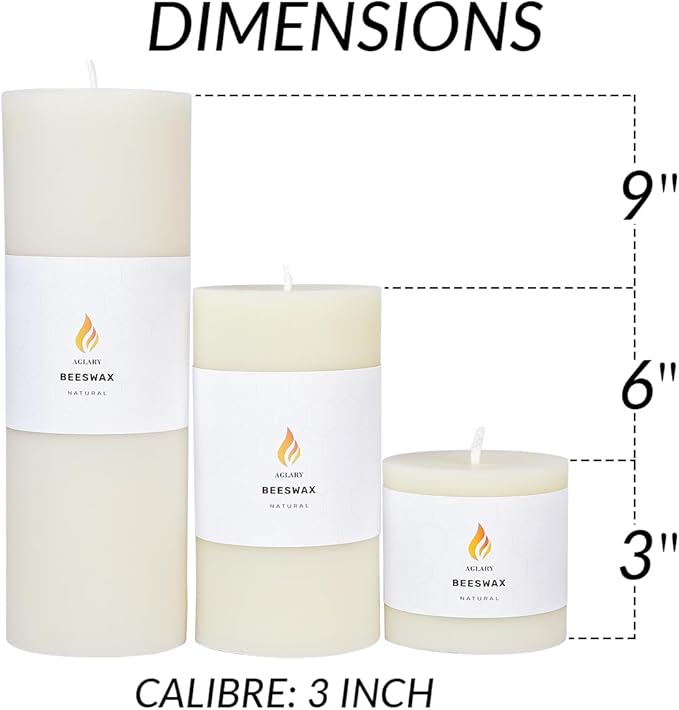 3"x 3" Beeswax Pillar Candle, Made of Pure Natural Beeswax, with Ultra Long Burning Time and Low Allergenicity-White