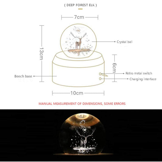 FSIGOM Projection LED Light-3D Crystal Ball Music Box Luminous Rotating Musical Box-Wood Base Best Gift for 【Mother's Day Gift】 Birthday Christmas (Elk)