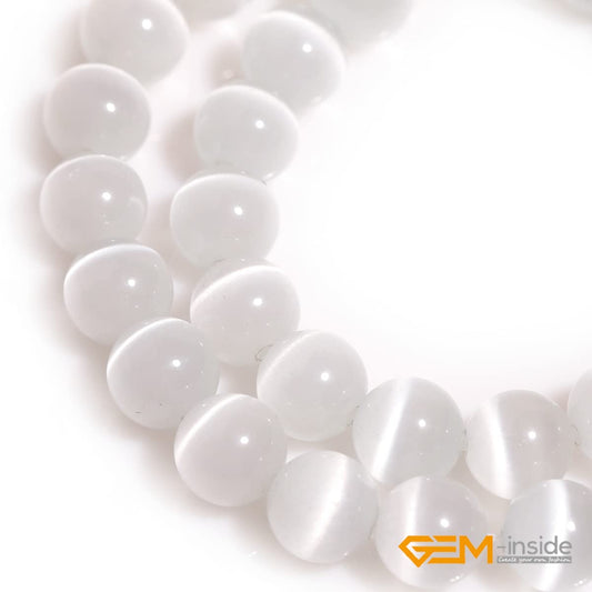 GEM-Inside Cat Eye Gemstone Loose Beads 8mm Round White Crystal Energy Stone Power Beads for Jewelry Making 15"