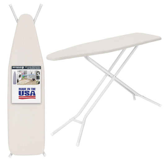 Full Size Ironing Board Made in USA – Beige by Seymour Home Products 4 Heavy-Duty Steel Legs Perforated Top for Steam Includes Cover & Pad Sturdy, Foldable Iron Board for Home & Laundry