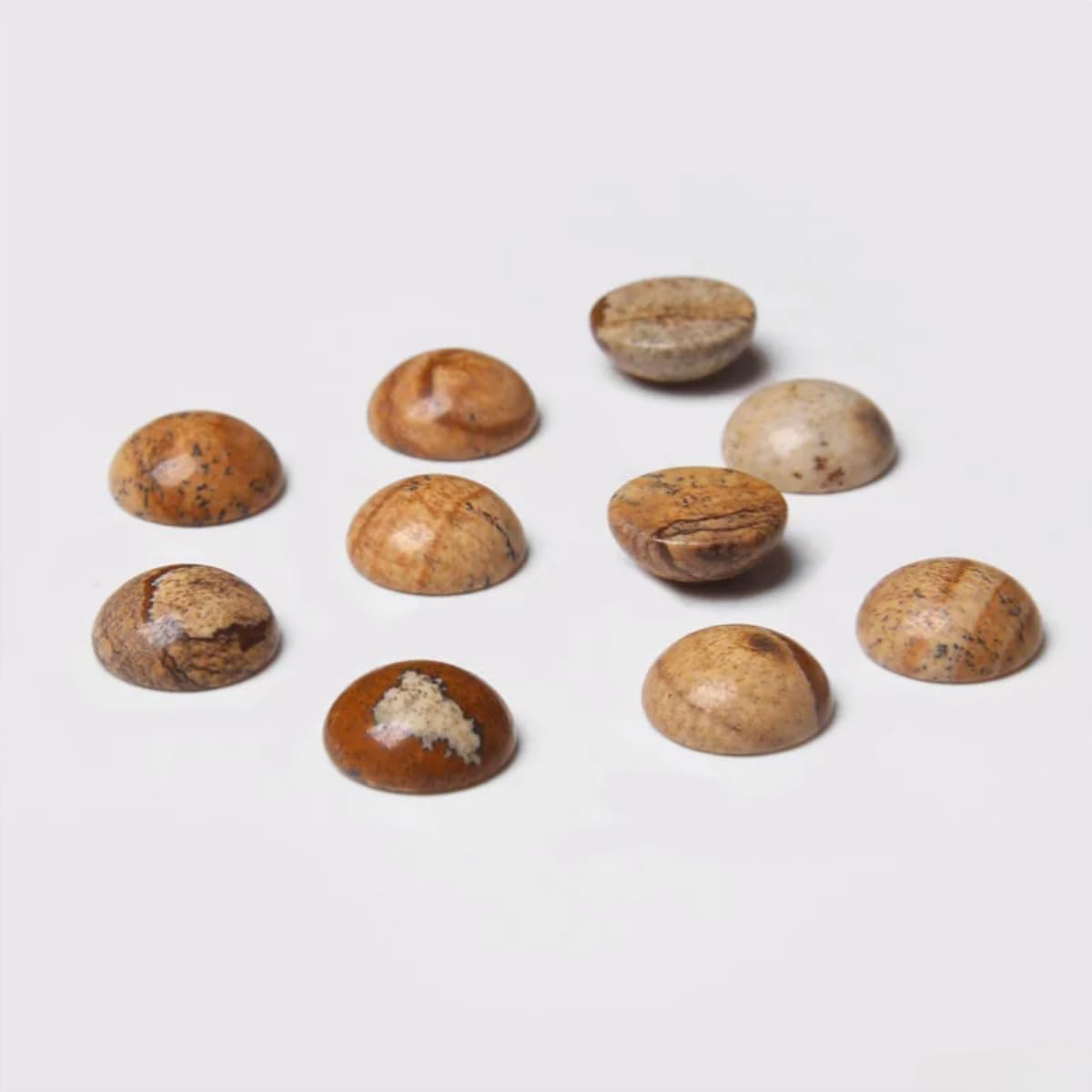20pcs 14mm Natural Stone No Hole Brown Picture Semicircle Smooth Cabochons Beads Healing Chakra Crystal Stone Bead for Jewelry Making Rings Earrings Necklace Bracelet DIY Crafts