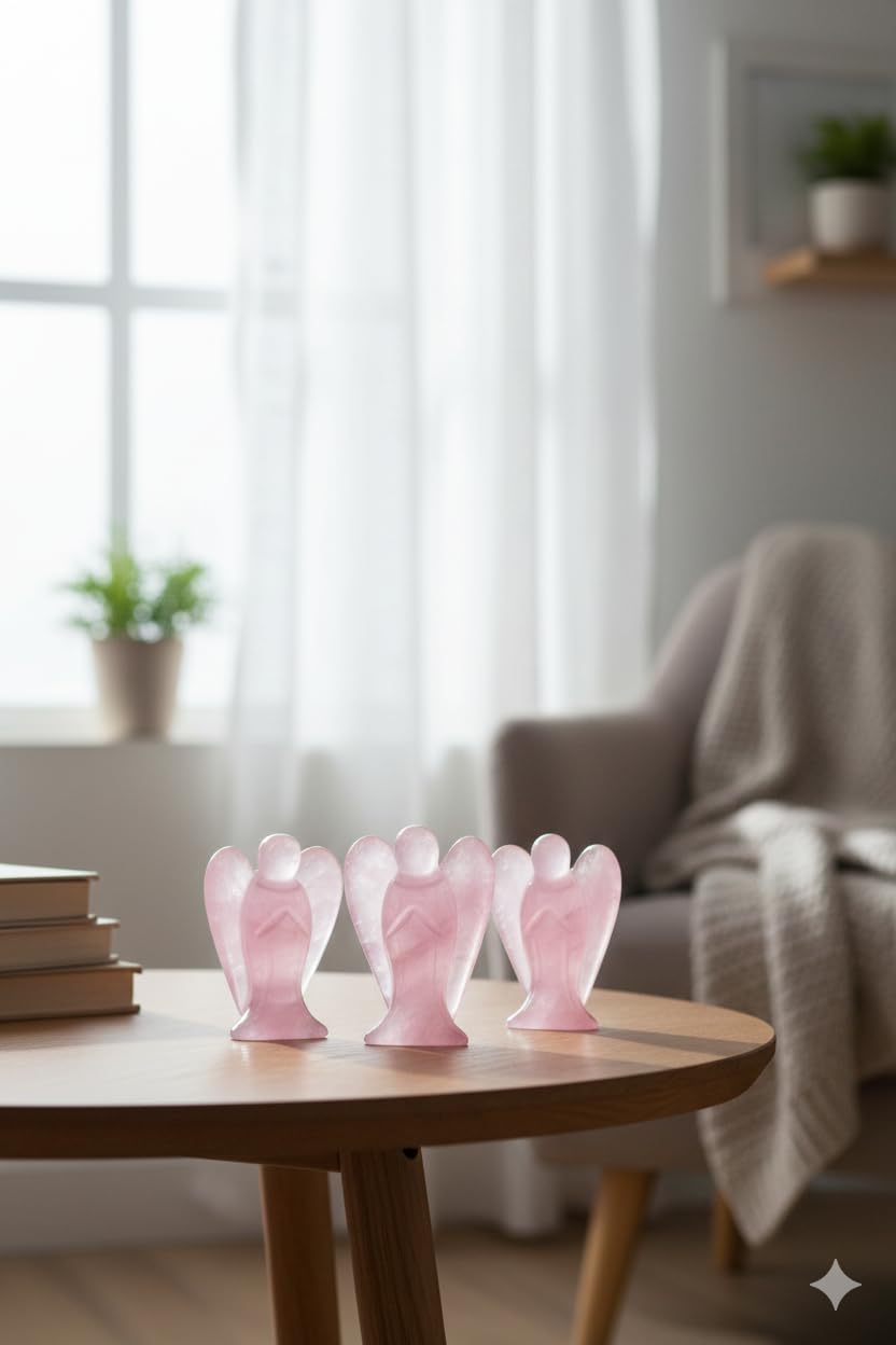 Mina Heal Pocket Guardian Angel Figurine, Hand-Carved Rose Quartz Crystal Statue, Palm-Size Angel Keepsake for Meditation, Comfort and Decorative Display (Set of 3)