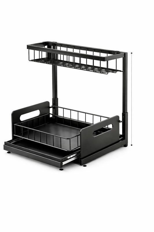 Under Sink Organizer 2 Tier Sliding Storage Rack – Carbon Steel Pull Out Cabinet Shelf for Kitchen & Bathroom, Heavy Duty Metal Under Cabinet Organizer.