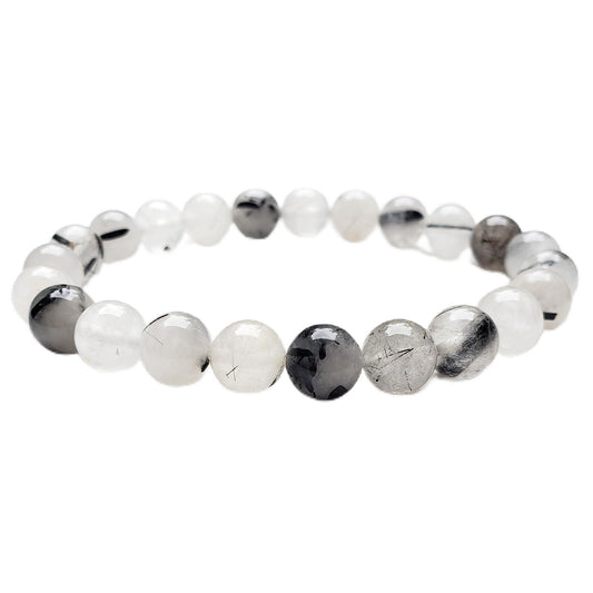 chengmu 8mm Black Rutilated Quartz Stretch Bracelet, Natural Gemstone Round Stone Crystal Beads for Beaded Elastic Bracelet 7.5"
