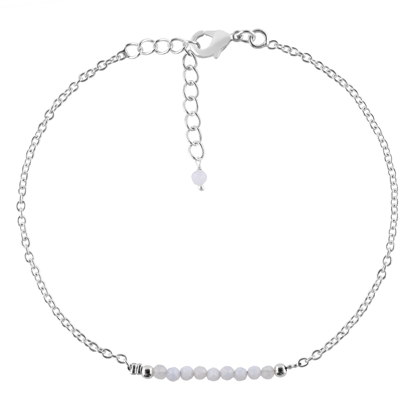 YANARA Blue lace Agate Ankle Bracelet for Women Jewelry, Natural Birthstone, Gemstone Beads, Handmade Dainty Anklet 9"+1.25" inch, 3mm Rounds, Chakra Energy Crystals, Silver Plated Chain