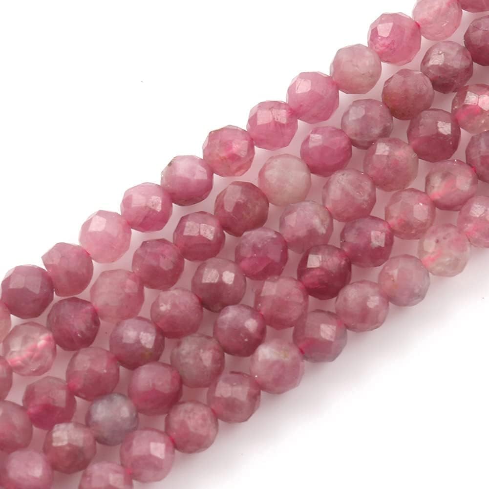Song Xi 90pcs 4mm Natural Pink Tourmaline Gemstone Beads Faceted Round Loose Stone Beads for Jewelry Making (1 Strand)