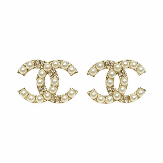 Pearl Rhinestone Interlocking Curved Stud Earrings, Gold Tone Elegant Hollow Geometric Pierced Earrings, Classic Luxury Style Pearl Jewelry Earrings for Women Daily Wedding Party Accessorie