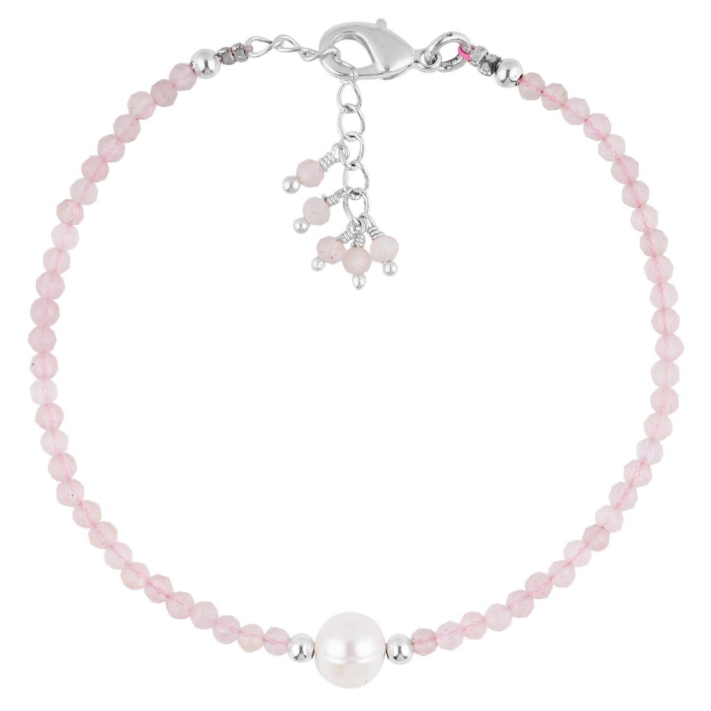 CRYSTALINES Natural Rose Quartz Gemstone Bracelet, Cultured Pearl Beads Stones, Handmade Hypoallergenic Bohemian Jewelry for Women, Healing Crystals, Adjustable Silver Plated 7+1inch Birthday Gift