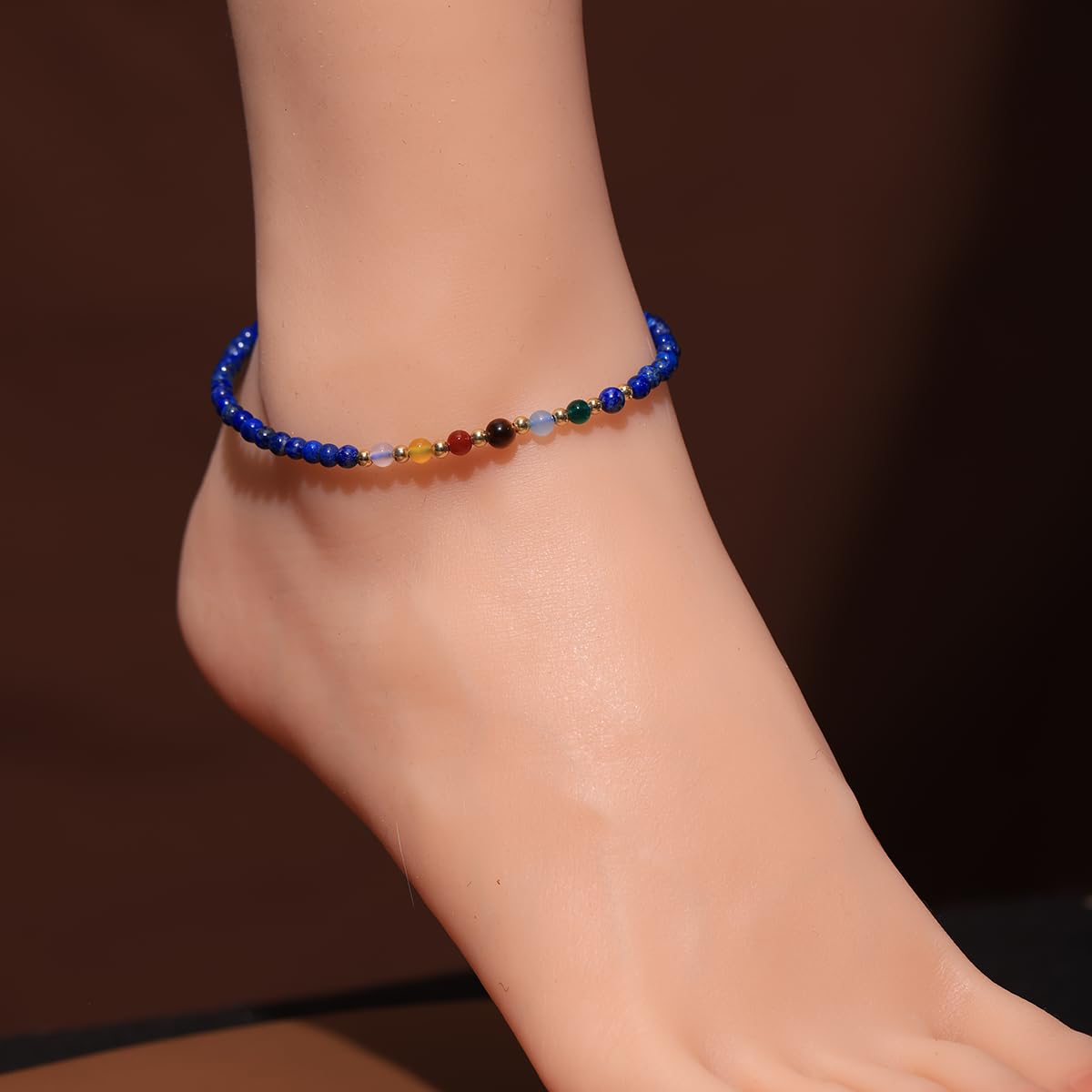 Jewever 7 Chakra Ankle Bracelets for Women Beach Foot Healing Crystals Lava Rock Essential Oils Diffuser Worry Stone Energy Balancing Meditation Yoga gifts (lapis lazuli)