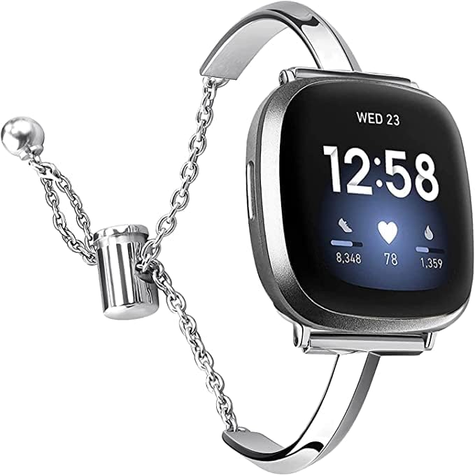 Silm Band Compatible with Fitbit Versa 4/Fitbit Sense 2 Band Cute Women, Bling Jewelry Metal Strap Replacement Compatible for Fitbit Sense/Versa 3 Women (Silver)