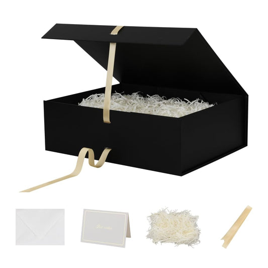 BoxSkivra Large Black Gift Box with Ribbon 1 Pack 16.5X13X5.3 Inch Extra Large Gift Box with Lid Magnetic Closure Rectangle Collapsible Luxury Boxes for Wedding Dress、Shredded Paper Filler & Card