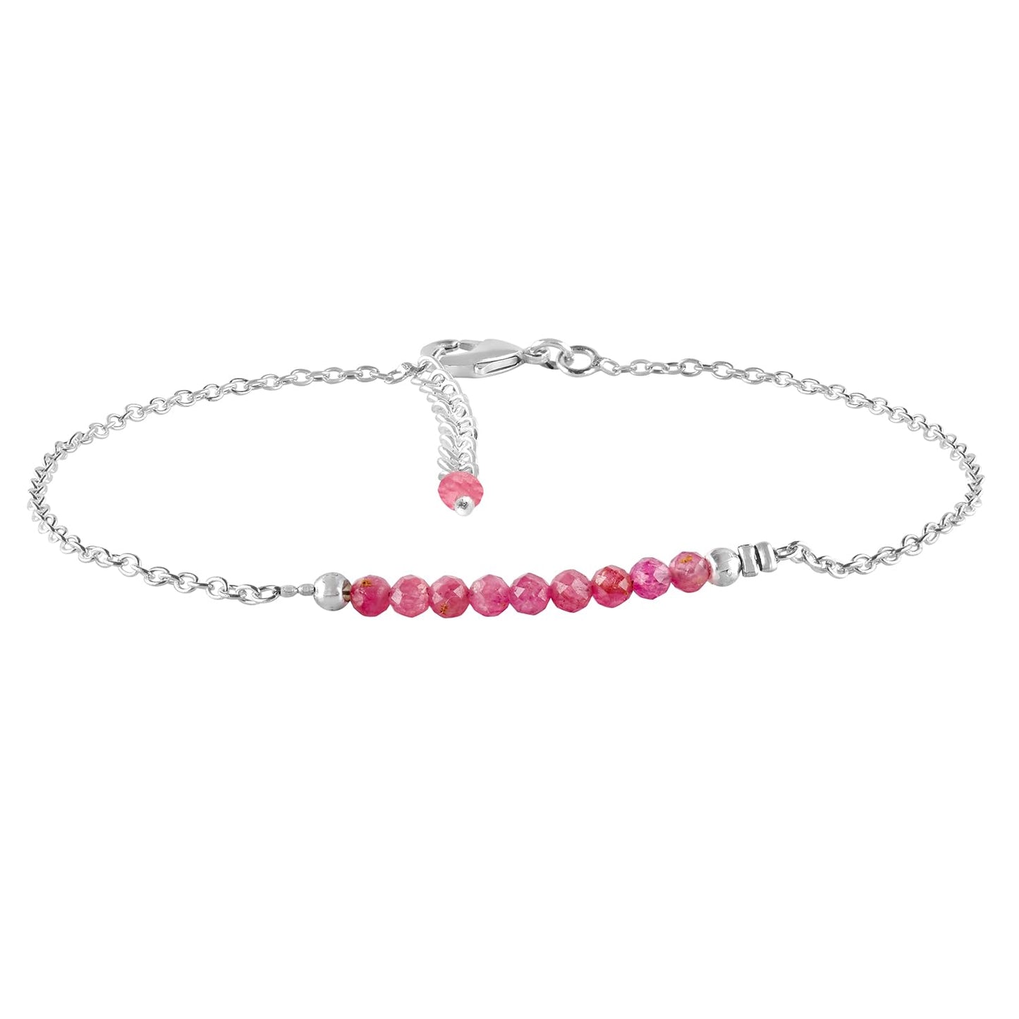 YANARA Pink Tourmaline Ankle Bracelet for Women Jewelry, Natural Birthstone, Gemstone Beads, Handmade Dainty Anklet 9"+1.25" inch, 3mm Rounds, Chakra Energy Crystals, Silver Plated Chain