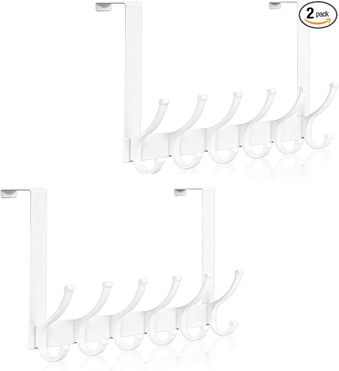 Optish Door Hooks for Hanging, Over The Door Towel Racks for Bathroom, Coat Rack Door Towel Hanger Towel Hooks (2Pack, White, Fit 1-3/4" Doors)