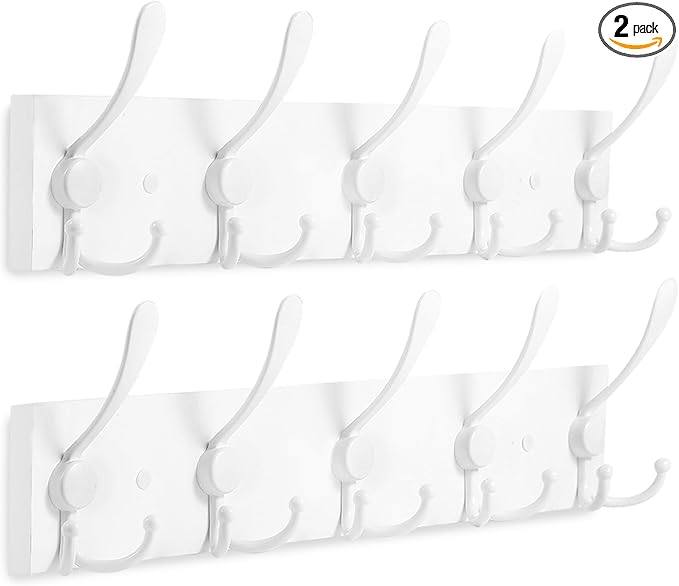 Kuhome 2pcs Coat Rack Wall Mount Coat Hooks Wooden Hat Rack for Wall Hooks Pine Real Wood Plank 16.9" White Coat Hanger with 5 White Triple Hooks for Hanging Coat Hat Jacket