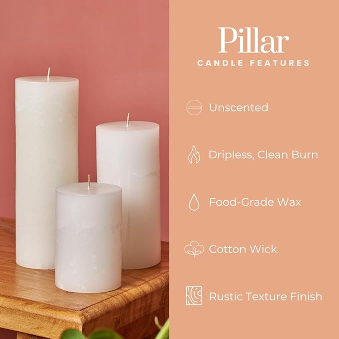 Simply Soson 3x8 inch White Pillar Candles Set of 3, Rustic Texture, Unscented White Candles, Dripless Candles, 3 inch Pillar Candles Ideal as Wedding, Parties, Spas, Dinner, Home Decoration, Church