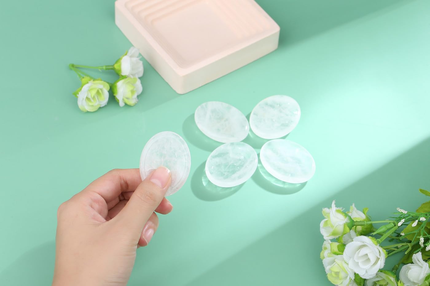 NUKAYAI Thumb Worry Stone Clear Quartz Crystals Oval Tiny Fidget Healing Crystal Natural Meditation Accessories Stress Relief Gifts Reiki Palm Small Trinkets Pocket Anxiety Relief Items for Women Men