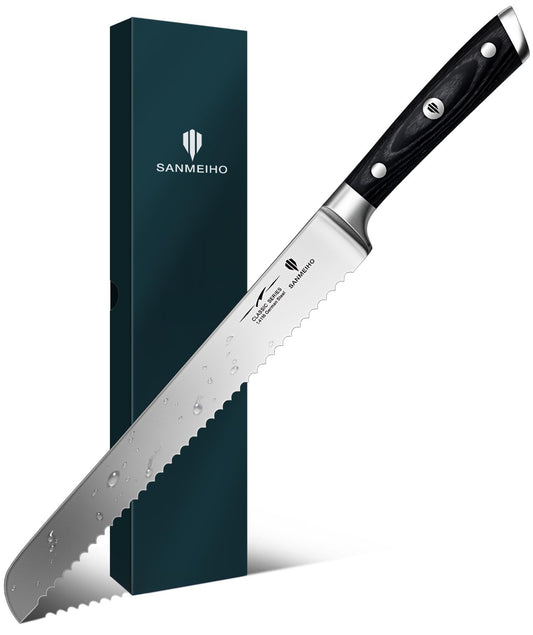 SANMEIHO 10" Bread Knife - Sourdough Slicing Knife Professional 5Cr15MoV Stainless Steel Serrated Knives, Ergonomic Wood Handle & Full Tang Design, Gift Box Included (Single-Edge