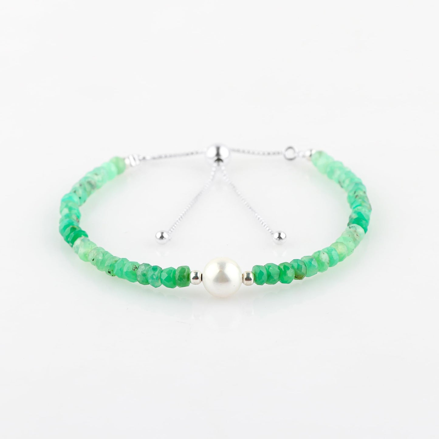 CRYSTALINES Natural Chrysoprase Gemstone Bolo Bracelet with Cultured Pearl, Handmade Boho Jewelry, Healing Crystals, Faceted Stones, Silver Plated Slider, Christmas Gift for Women, 10inch