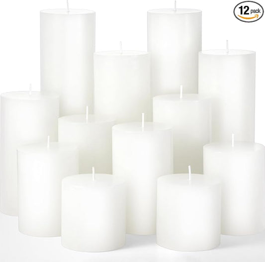 Shihanee 12 Pcs Pillar Candles 3 in x 3,4,5,6,8,10 Dripless Unscented Smokeless Candle Long Burning Decorative Rustic Candles with Cotton Wick for Wedding Home Fireplace (White)