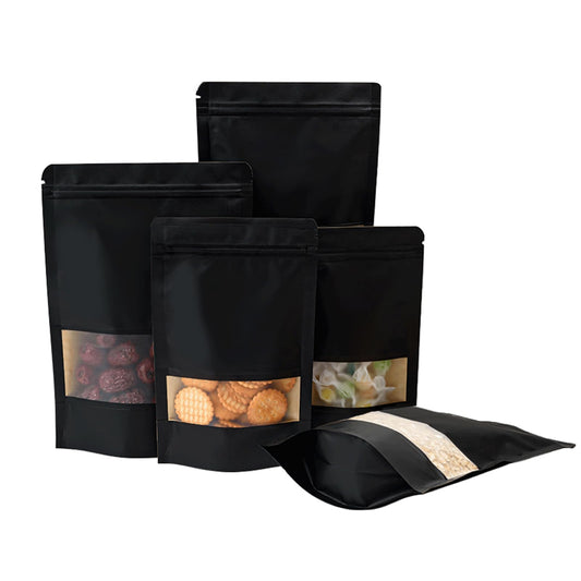 Roppolo 100 Pcs 4 x 6 Inch Stand Up Black Kraft Paper Bags with Matte Window, Resealable Zip Lock Food Storage Bags, Reusable & Heat Sealable for Packaging