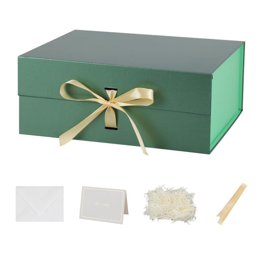 BoxSkivra Green Large Gift Box with Ribbon 1 Pack 13X11X5.3 Inch Large Gift Box with Lid Magnetic Closure Rectangle Collapsible Luxury Gift Boxes for Presents Crinkle Cut Paper Shred with Card