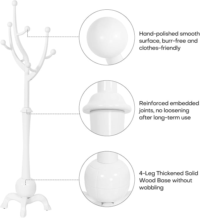 Bekrvio Freestanding Wood Coat Rack with Stable Sphere Base, White | 8 Hooks Tree Branch Design, Heavy Duty Standing Coat Hanger for Entryway, Hallway, Bedroom, Foyer; Hangs Coats, Hats, Bags