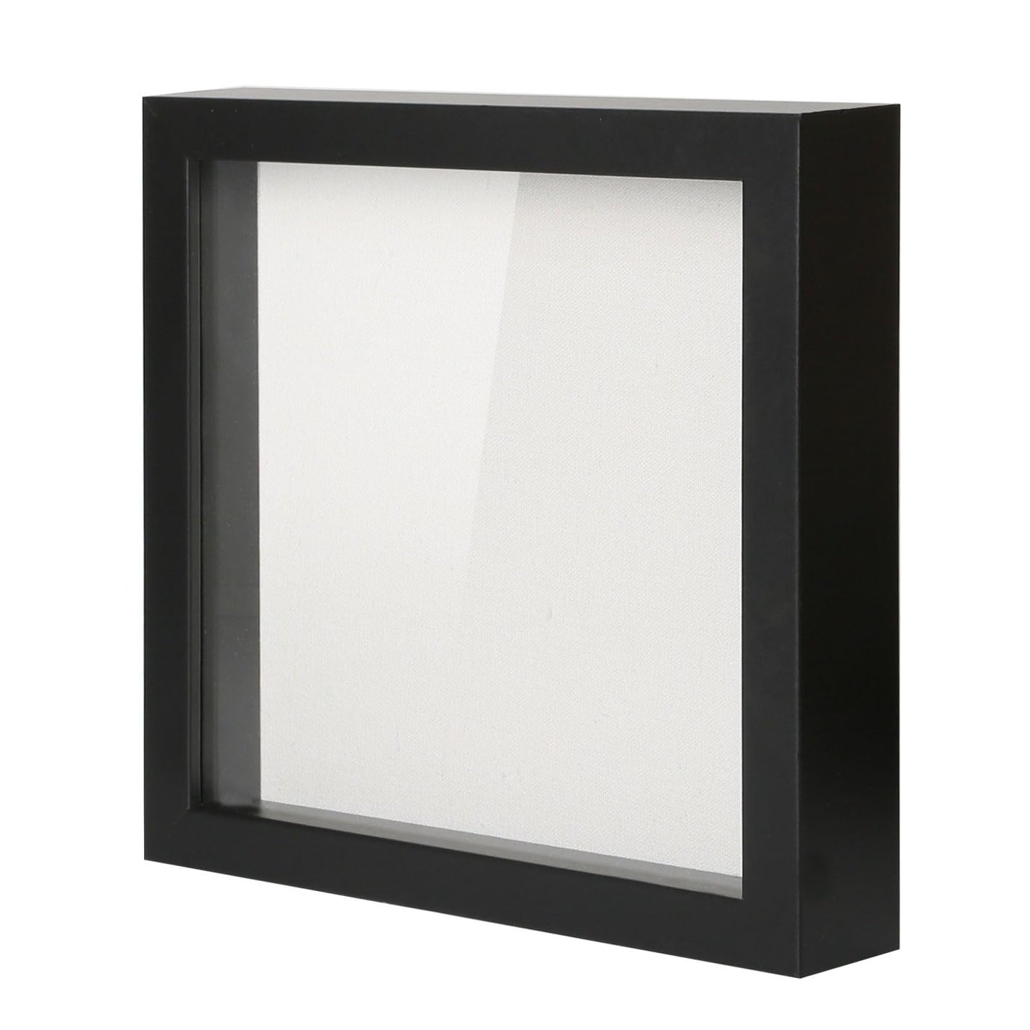 Muzilife 8x8 Shadow Box Picture Frame with Linen Board - Deep Wood & Glass Display Case Ready to Hang Memory Box Baby Sports Memorabilia, Pins, Awards, Medals, Wedding, Tickets and Photos (Black)