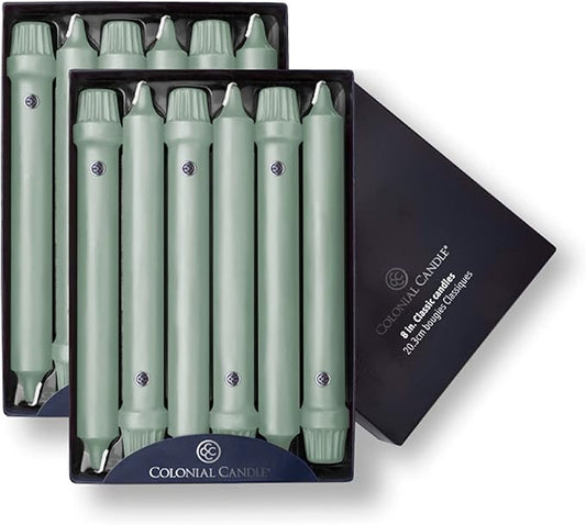 Colonial Candle Unscented Taper Candle, Classic Collection, Colonial Classic Green, 8 in, Pack of 12 - Up to 6 Hours Burn