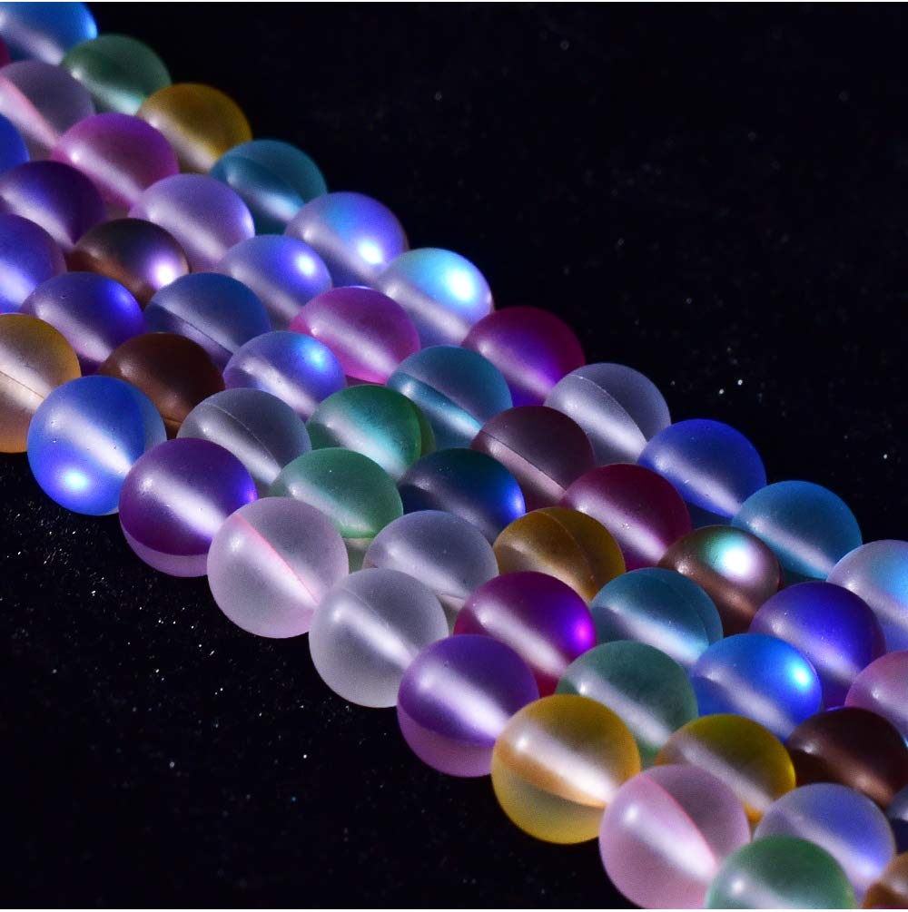Asingeloo 48PCS 8mm Natural Coloful Mystic Aura Quartz Gemstone Frosted Matte Titanium Rainbow Round Loose Beads 15 inch Full Strand Crystal Healing Power Quartz