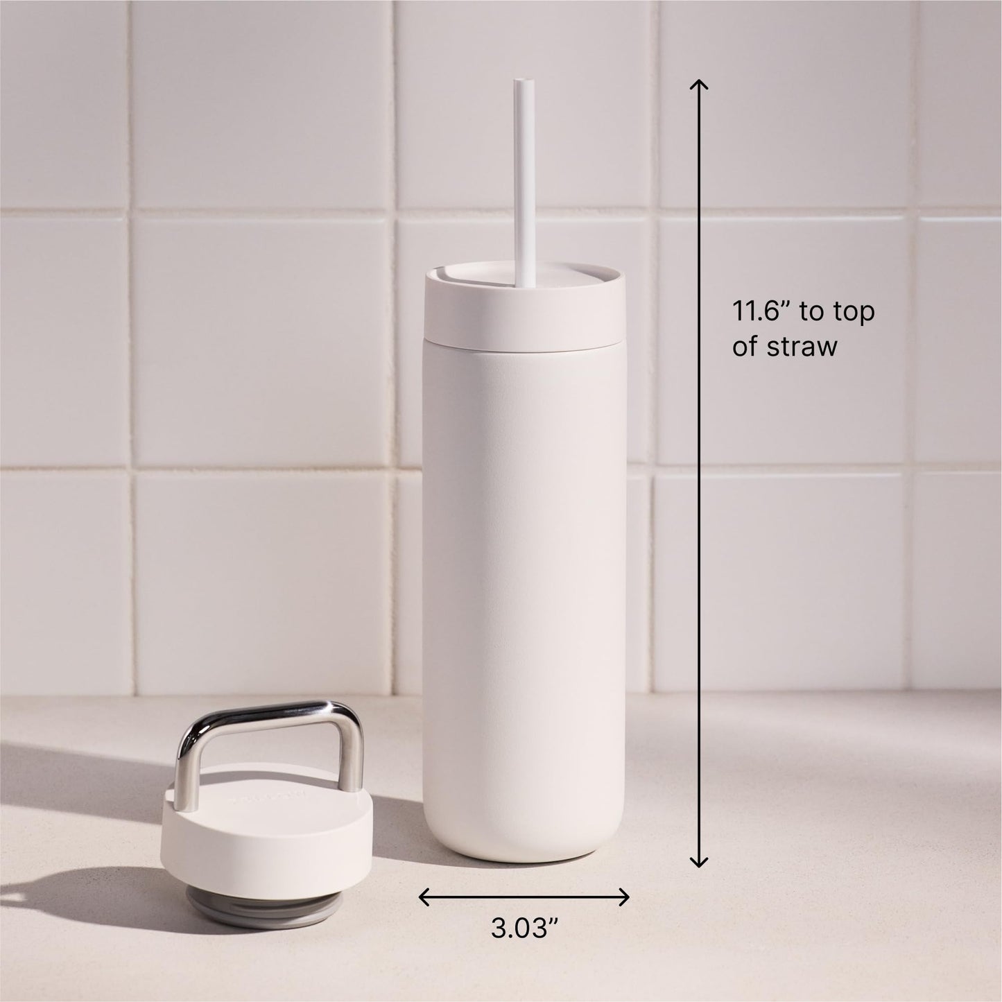 Fellow 20 oz Carter Water Bottle with 2 Lids - Leak-Proof Lid with Metal Handle - Cold Lid with Straw - Ceramic Interior & Vacuum-Insulated Stainless Steel - Matte White