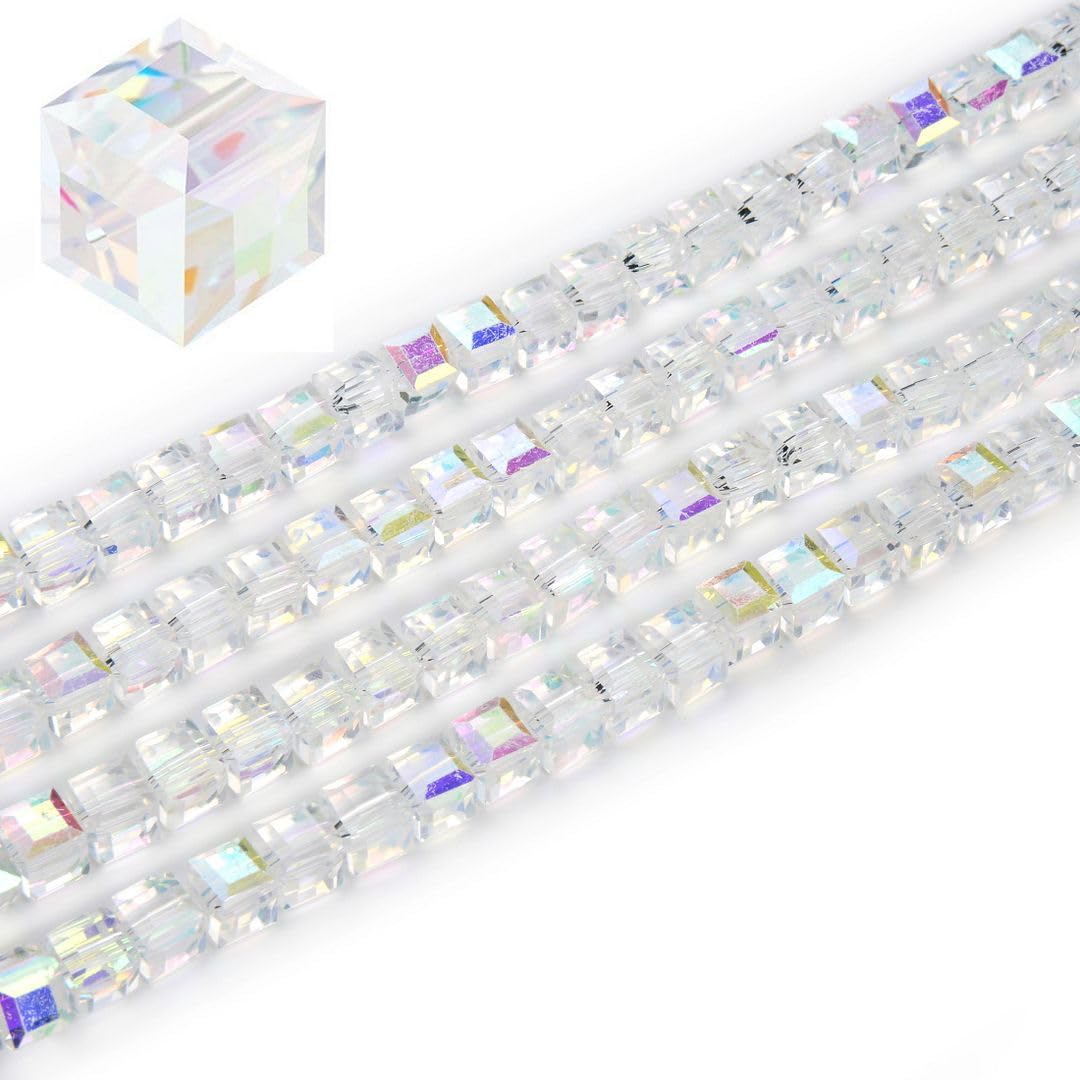 100pcs Czech Faceted Cube Crystal Glass Loose Beads Spacer 6mm (0.24 Inch) Crystal AB for DIY Jewelry Craft Making CCC602