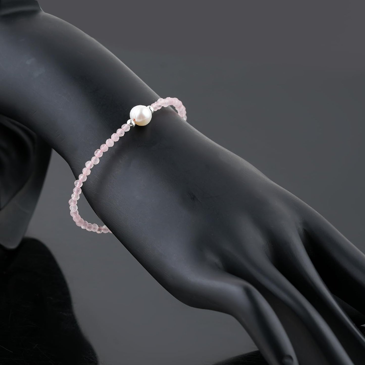 CRYSTALINES Natural Rose Quartz Gemstone Bracelet, Cultured Pearl Beads Stones, Handmade Hypoallergenic Bohemian Jewelry for Women, Healing Crystals, Adjustable Silver Plated 7+1inch Birthday Gift
