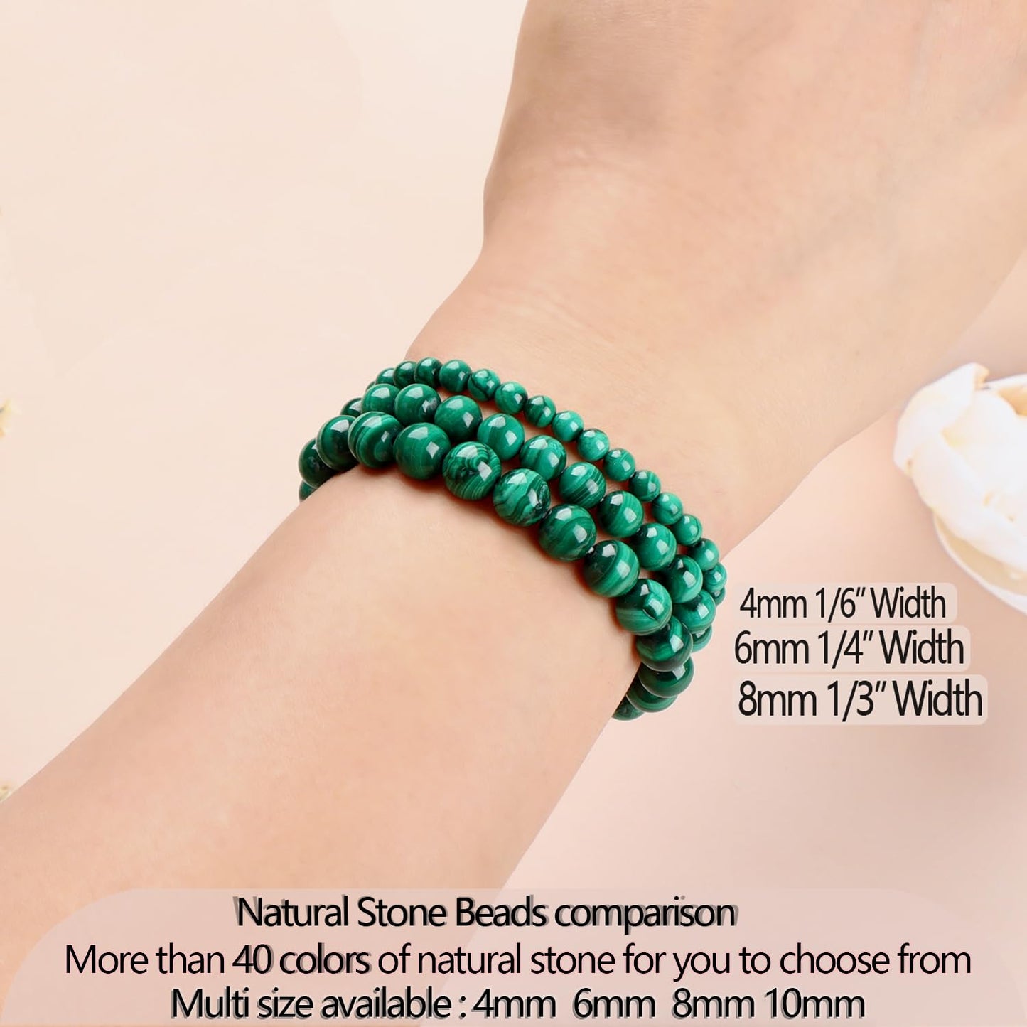 LPBeads Handmade Natural Gemstone Stretch Elastic 6mm Malachite Bracelet Healing Crystal Round Stone Beads Jewelry Gifts for Women Men