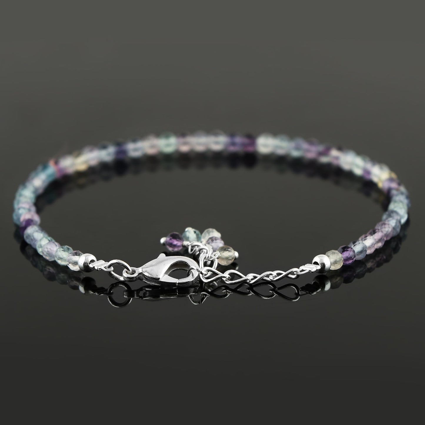 CRYSTALINES Natural Multi Fluorite Gemstones Beads Bracelets, Real Crystals Jewelry, Birthstone, Handmade, Beaded Bracelet, Silver Plated, Adjustable Chain- 7+1inch, Women Bracelet, AAA Grade