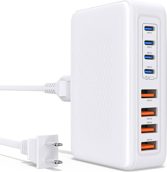 Essri 8-Port USB C Charging Station,65W GaN USB C Charger Block,PD 3.0 Desktop Charger, Power Strip Adapter Compatible with iPhone 17/16/15/14,MacBook Air/Pro,DELL, iPad Pro,Galaxy and More,White