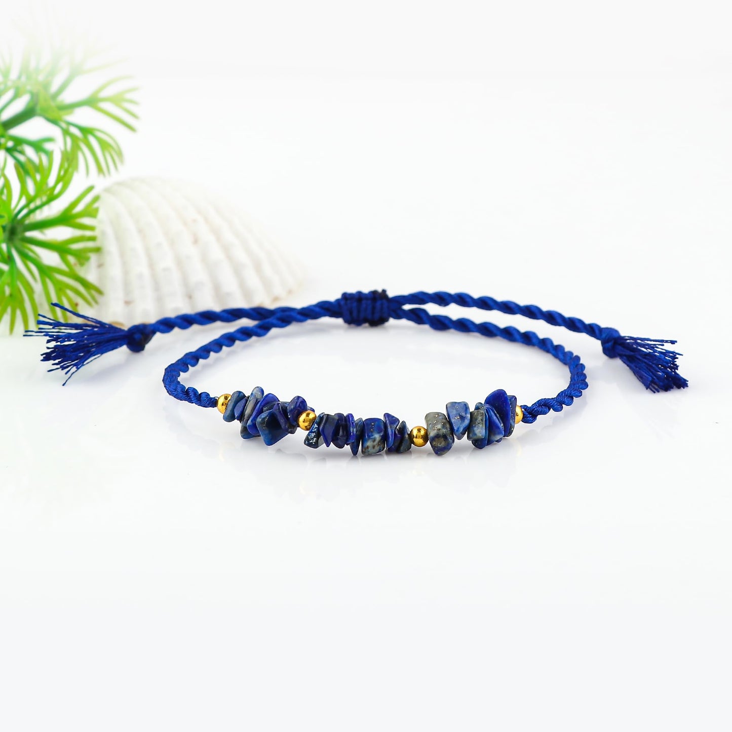 GEMSYMPHONY Lepis Lazuli Gemstone Chips Rope Bracelet – Adjustable Handmade Crystal Chip Bead Bracelet for Women & Men, Natural Stone Healing Jewelry, Boho Style, Unisex Spiritual Gift (Lepis Lazuli)