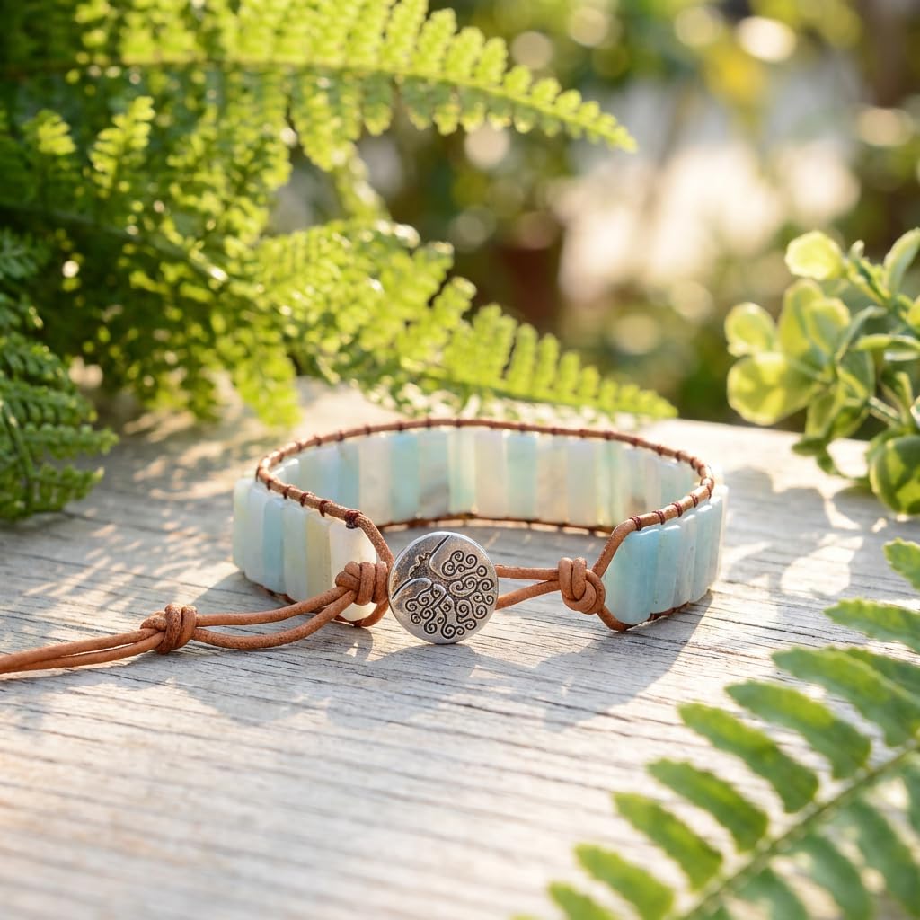 YGLINE Boho Handmade Wrap Leather Tube Crystal Stone Bracelet for Women (Amazonite)