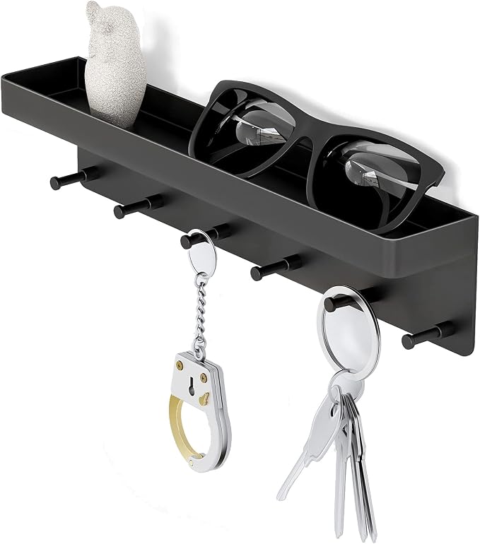 MKO Key Holder Wall Mount, Key Holder Wall Mount Adhesive with Mail Organizer Tray with 6 Key Hooks for Wall, Black